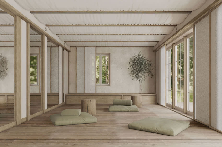 Wnętrze sali do ćwiczeń relaksacyjnych Domek E