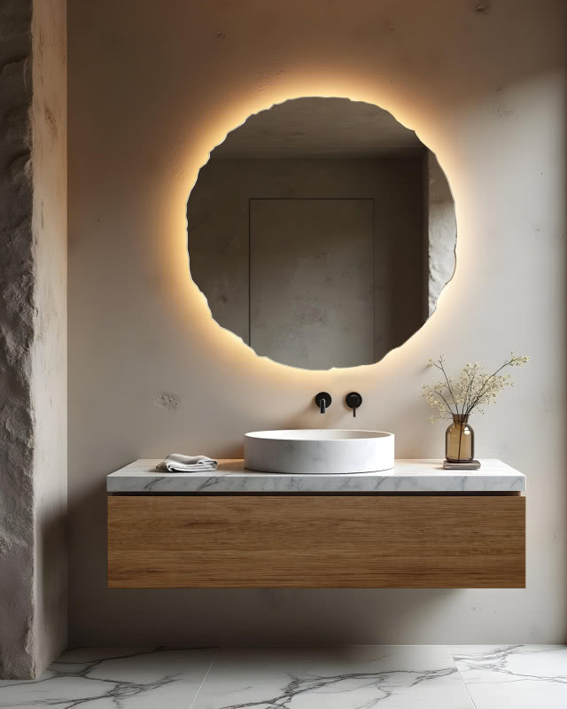 Ciepła barwa światła wydobywającego się za lustra ERA LED wprowadza przytulną atmosferę do łazienki. Fot. GieraDesign