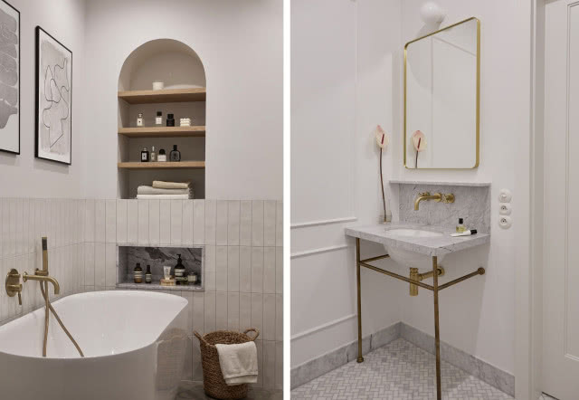 Biała łazienka ze złotymi dodatkami