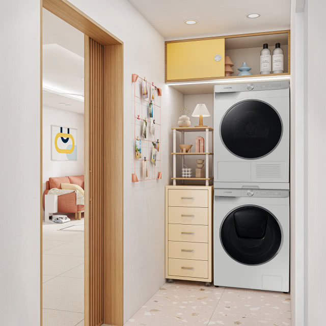 pralka, suszarka, szafka z szufladami, płyny do prania, kąpieli, kanapa, kratka na ścianie