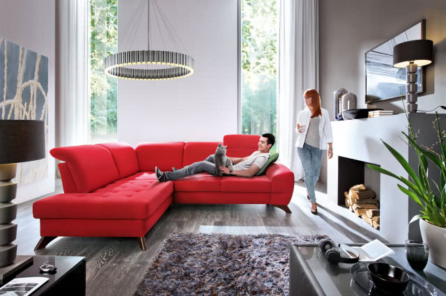 narożnik z funkcją spania, duża lampa sufitowa, kominek, dywan, lampa stojąca na kominku, telewizor, obrazy