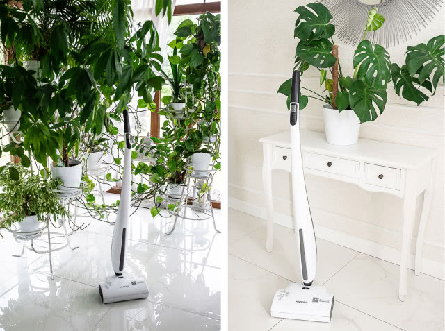 mop bioniczny, ratanowe meble, duże okna, zielone kwiaty pnące w doniczkach, komoda, toaletka