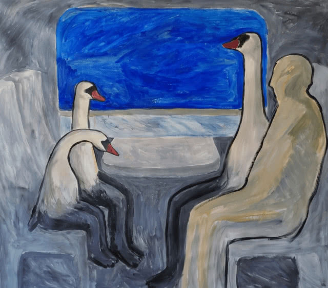 obraz, łabędzie siedzą w przedziale kolejowym