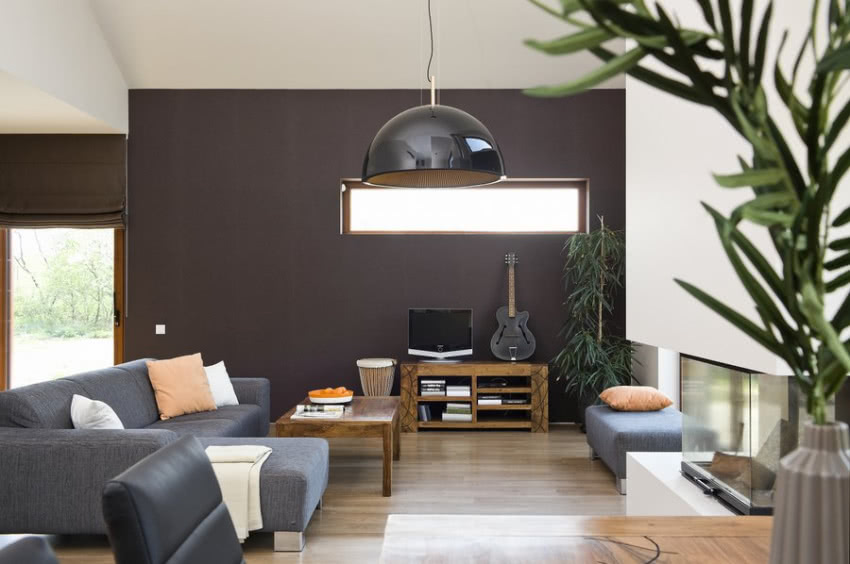 Brązową ścianę telewizyjna rozświetla oryginalne...