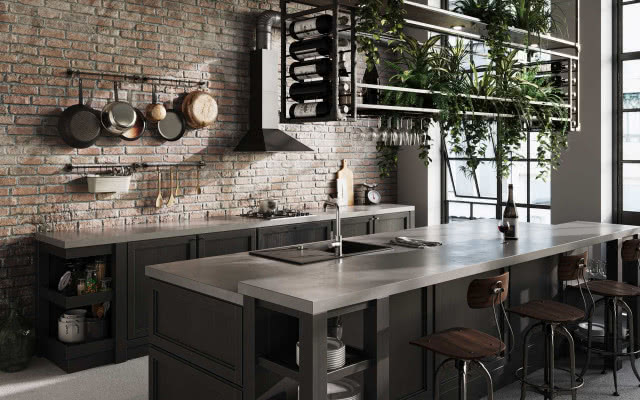 CAMIRO INOX bateria zlewozmywakowa stojąca MEZZO II zlewozmywak granitowy 1-komorowy  cegła na ścianie, wyspa kuchenna, hokery, patelnie, kwiaty w doniczkach