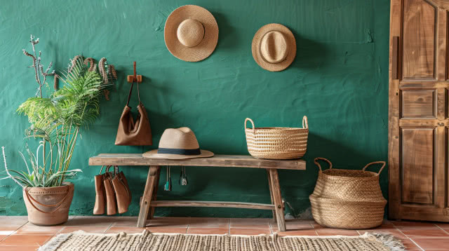 dekoracja ścienna z kapeluszami na zielonej ścianie nad drewnianą ławą