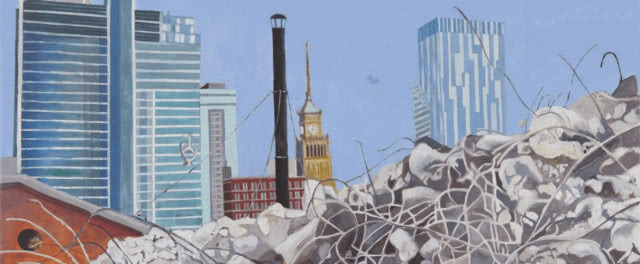 pałac kultury wystający spośród ruin