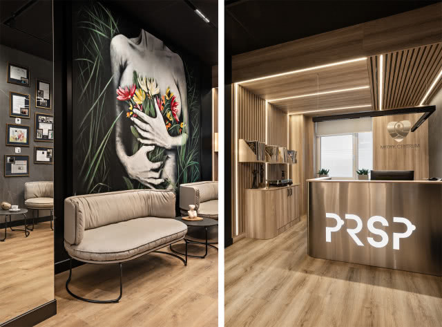 Klinika Chirurgii Piersi,  recepcja, kanapa dla osób oczekujących na przyjęcie do gabinetu