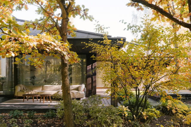 dom z tarasem prześwitujący przez gęste drzewa