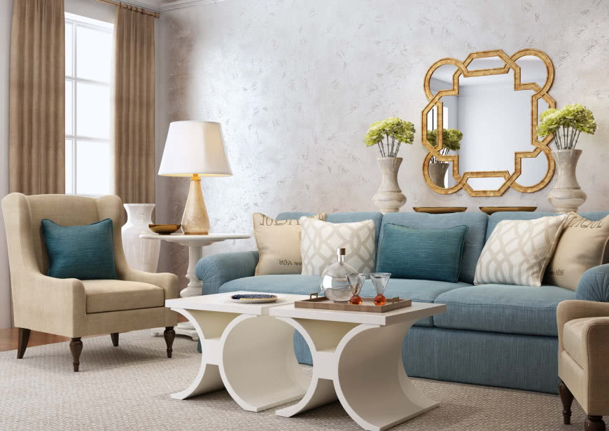 Farba Francesco GUARDI Collezione - tworzenie wyjątkowych efektów na ścianach, stolik kawowy, lustro, kanapa, fotel, poduszki ozdobne, zasłony