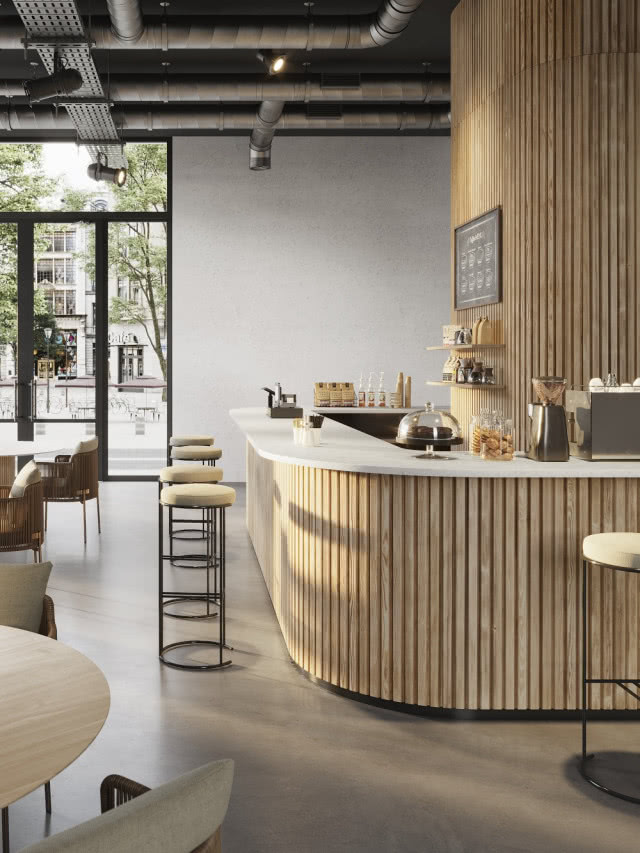 restauracja, stołki barowe, bar, stoliki i krzesła, duże okna, na suficie rury