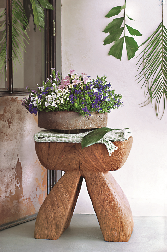 Kwiaty w donicach na balkon, drewniany stołek 