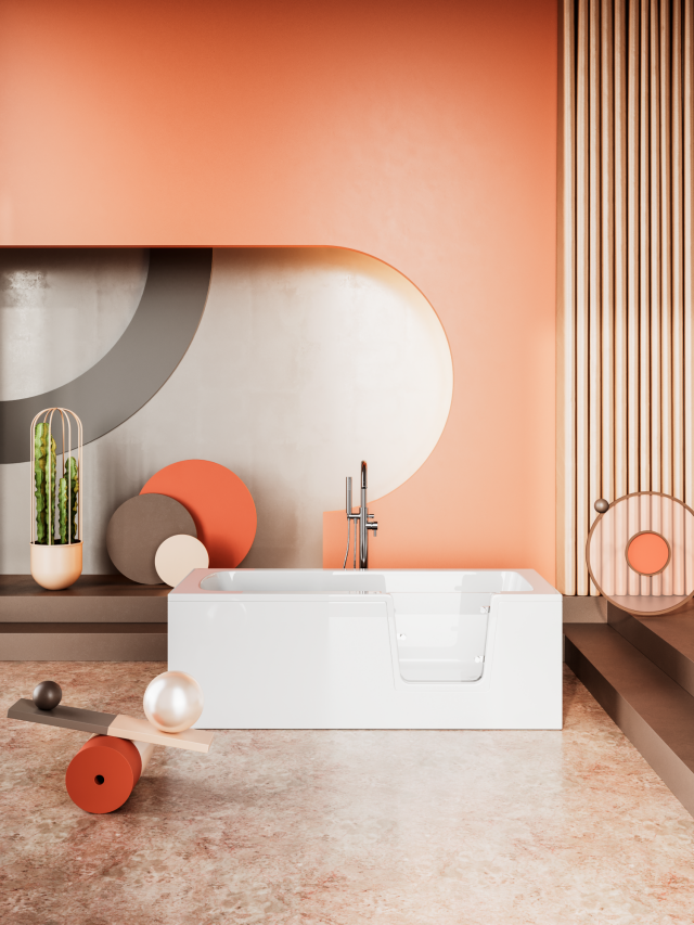 wanna wolnostojąca z drzwiczkami, bateria wannowa, kaktus, schody, lamele na ścianie