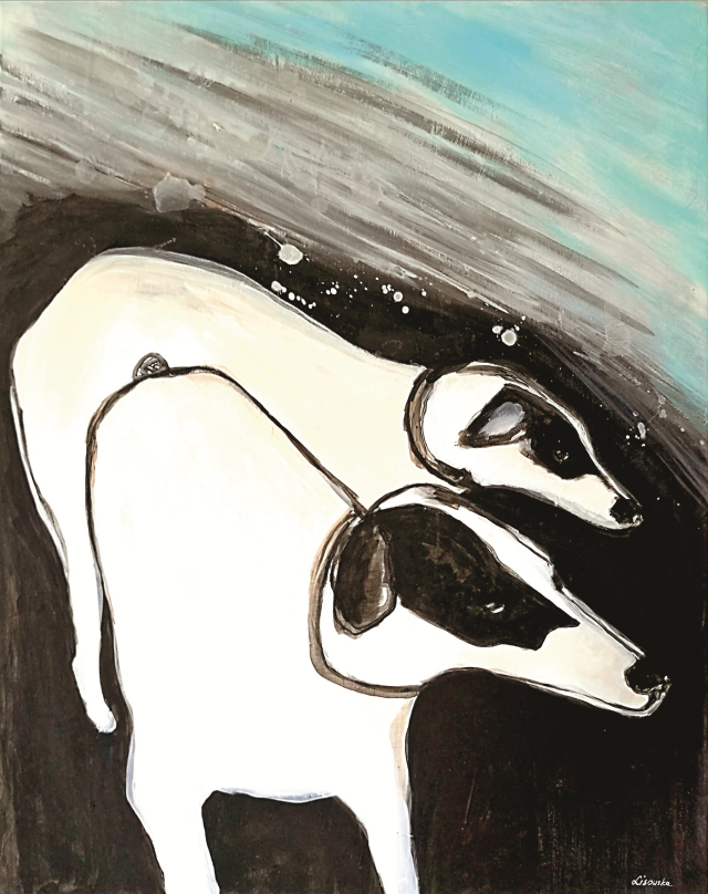 Agnieszka Lisowska, „Psy dwa”, 2020, akryl,
płótno, 92 x 73 cm, Pragaleria, 35 Aukcja Sztuki Młodej,
1 kwietnia 2020, cena wywoławcza 500 zł, fot. Wioleta
Bańka