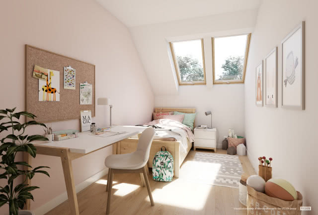 pokój dziecka, biurko z krzesłem, dywan, zabawki, tablica korkowa, okna dachowe
