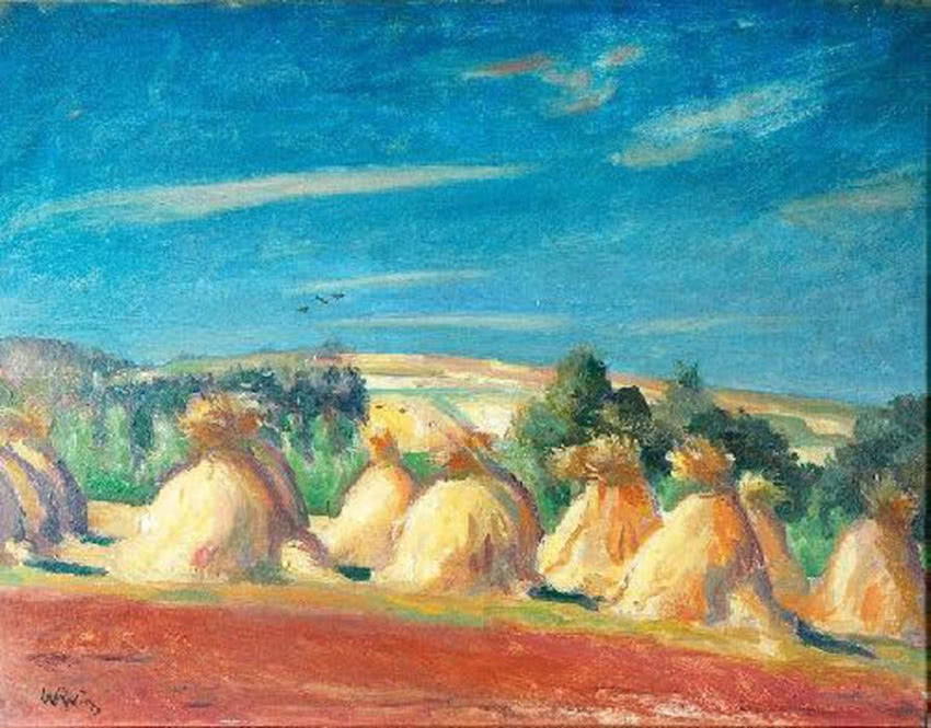 Wojciech Weiss, "Pejzaż ze snopami", olej,...