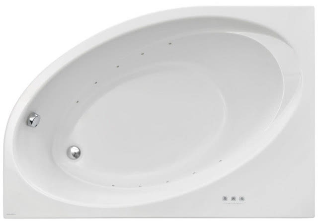Asymetryczna wanna Orbita wykonana z wysokiej jakości powłoki akrylowej, w zestawie nogi, dostępna w kilku wielkościach od 140 x 100 cm, w wersji lewej lub prawej, a także opcjonalnie z hydromasażem, POOLSPA