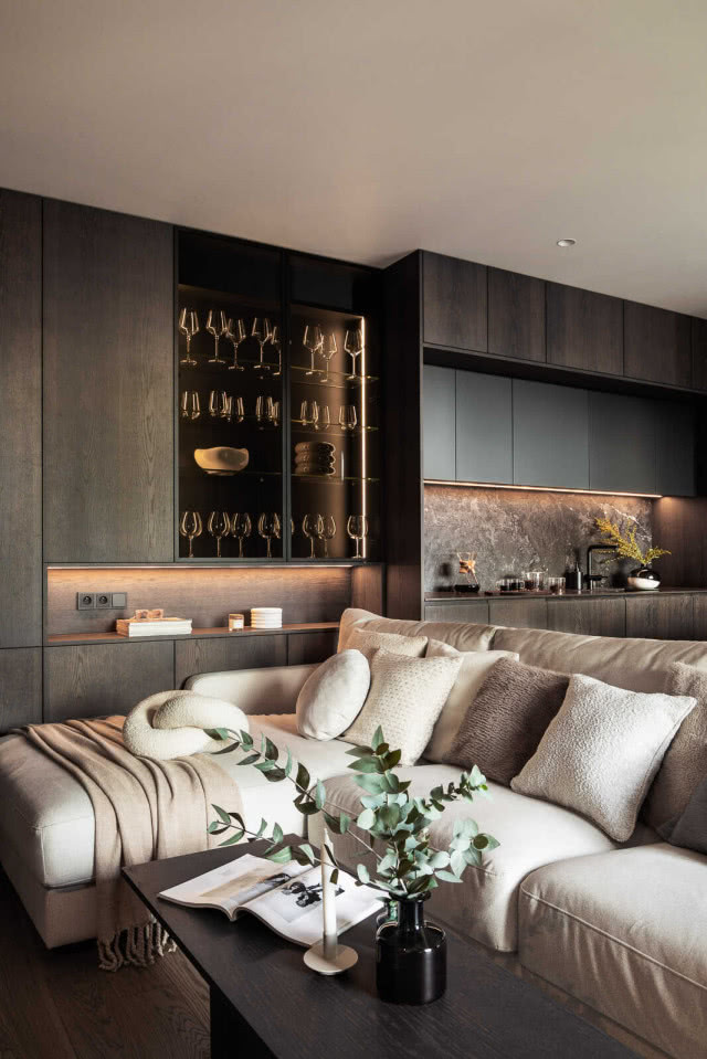 Kuchnia z salonem jasna sofa 