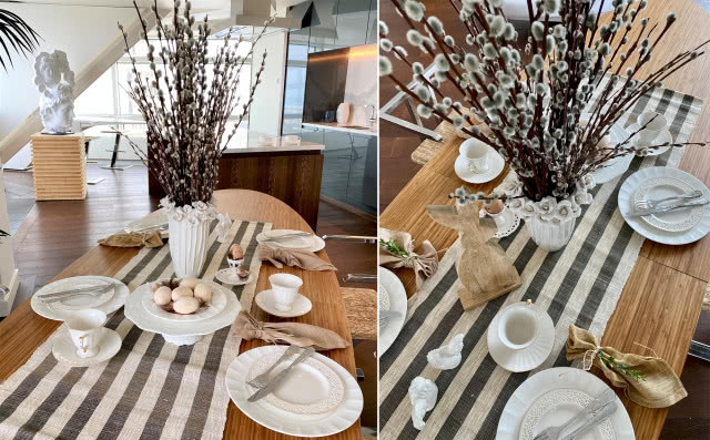 Wielkanocne inspiracje na ZŁOTEJ 44, bazie, owalny stół drewniany, jajka, talerze, serwetka w paski biało szare, sztućce