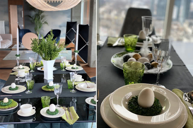 Wielkanocne inspiracje na ZŁOTEJ 44, białe talerzyki, mech na talerzykach mech i jajka, w wazonie bukszpan, świece, filiżanki
