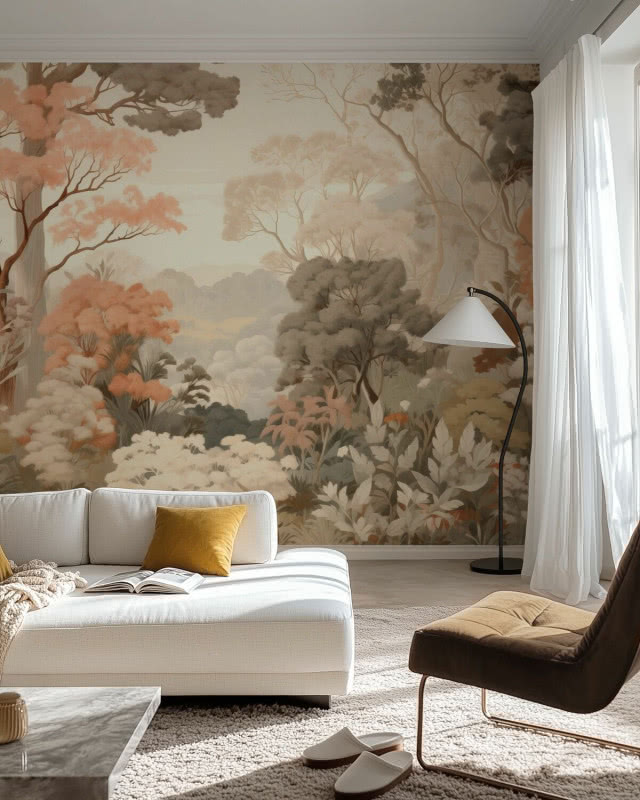 biała kanapa na tle ściany z tapetą "Jesienny las"