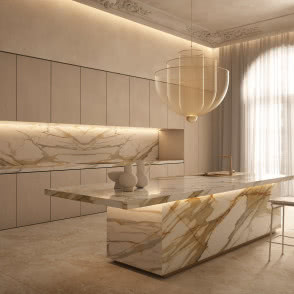 wyspa kuchenna, drewniane fronty kuchenne, miedziana bateria zlewozmywakowa, wazony, krzesła, oświetlenie sufitowe nad wyspą