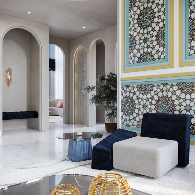 biała podłoga w orientalnym wnętrzu