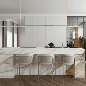 wyspa kuchenna, białe fronty kuchenne, krzesła, kwiaty zielone w doniczce, jodełka na podłodze