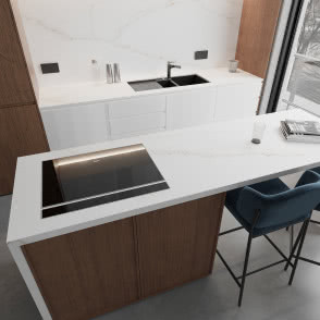 wyspa kuchenna, płyta elektryczna, krzesła, drewniane i białe fronty kuchenne, czarny zlewozmywak jednokomorowy z ociekaczem, duże okno