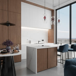 wyspa kuchenna, płyta elektryczna, krzesła, drewniane i białe fronty kuchenne, czarny zlewozmywak jednokomorowy z ociekaczem, duże okno, okrągły stół z krzesłem, oświetlenie sufitowe