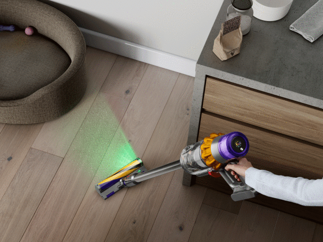 bezprzewodowy odkurzacz Dyson, posłanie dla psa, komoda, drewniana podłoga