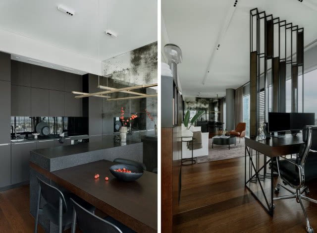 Ciemna kuchnia z lustrem nad blatem