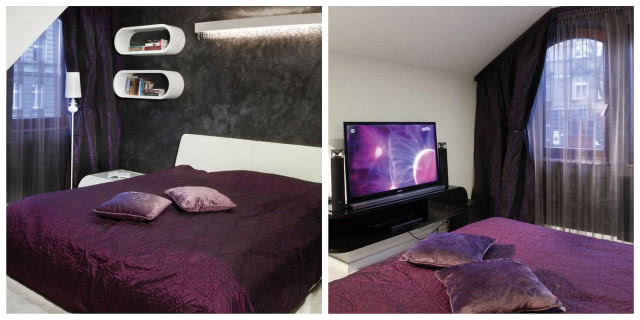 Sypialnia. W jej wystroju postawiono na kontrast: białe meble i dodatki pięknie się prezentują na tle surowej, ciemnej ściany ozdobionej tynkiem strukturalnym.