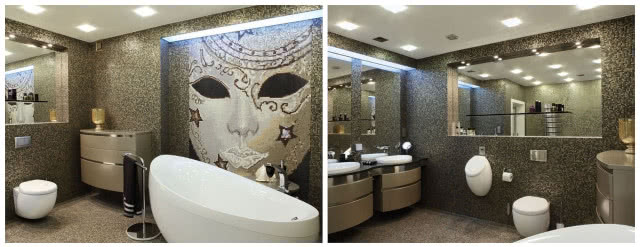 Łazienka. Złocisto-czarna mozaika jest tutaj najważniejsza, wypełnia niemal całą przestrzeń. W roli głównej - ułożona z niej wenecka maska, którą efektownie podkreśla sączące się z góry ledowe światło. Ogromne lustro sprawia, że w łazience patrzy na nas nie jedna, lecz dwie tajemnicze maski.