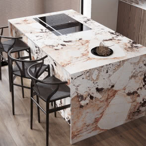 kuchnia, wyspa kuchenna, stołki barowe, czarne fronty kuchenne, okrągły stół z krzesłami, okap