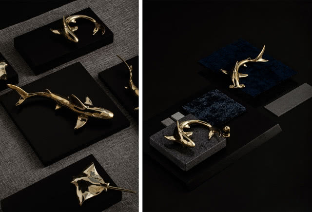 Na lewym zdjęciu mosiężne uchwyty/dekoracje Shark I - od 420 zł, na prawym zdjęciu Mosiężne uchwyty/dekoracje Shark V - od 340 zł.