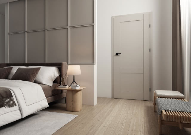 szare drzwi zewnętrzne, sypialnia, stolik nocny, lampka na stoliku