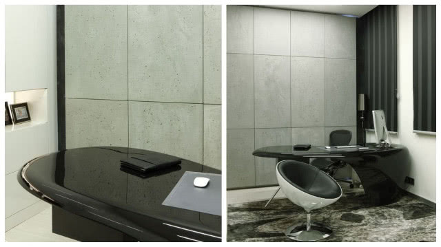 Minimalistyczny gabinet - zdecydowanie bardziej w stylu loftu niż glamour. Królują tu szarości i design. Tłem dla oryginalnych mebli są betonowe płyty (Concerate) na ścianach. 