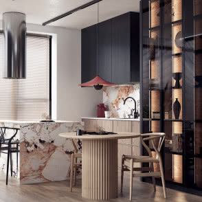 kuchnia, wyspa kuchenna, stołki barowe, czarne fronty kuchenne, okrągły stół z krzesłami, okap