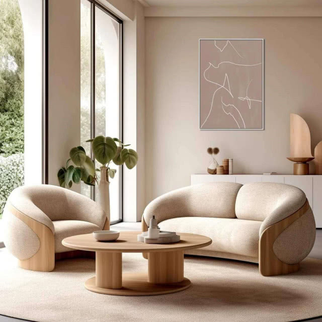 drewniany stolik i kanapy w drewnianej ramie 