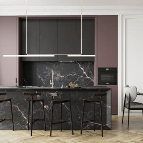 wyspa kuchenna, spieki kwarcowe, piekarnik do zabudowy, stołki barowe, płyta gazowa, kieliszki, okrągły stół z krzesłami, jodełka na podłodze