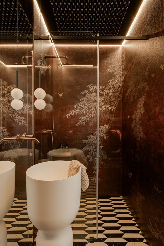 łazienka z motywem japońskim na ścianie