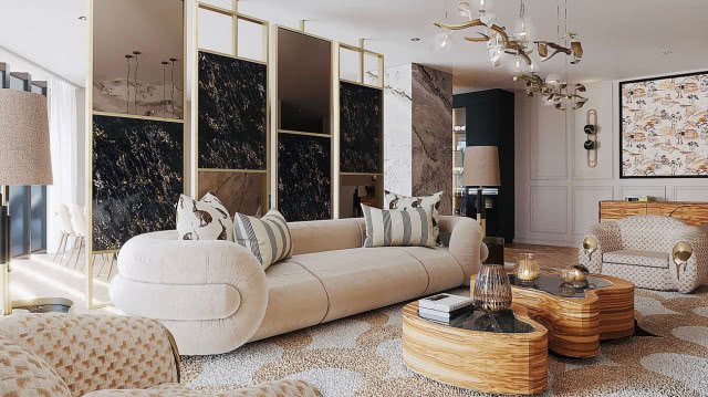 kanapa na tle ściany, stolik kawowy drewniany ze szklanym blatem