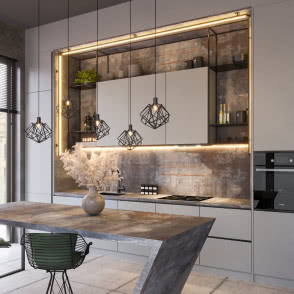 wyspa kuchenna, krzesłą, piekarnik, szare fronty kuchenne, duże okno, żaluzje