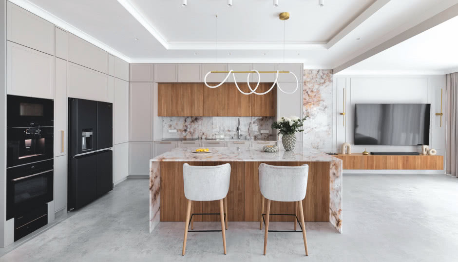 Imponujący salon gotowy na przyjęcia. 180-metrowy dom pod Warszawą