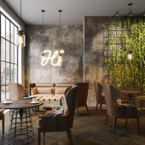 kanapa, stoliki z fotelami i krzesłami, jodełka na podłodze, restauracja, zielony kwiaty na ścianie, oświetlenie sufitowe