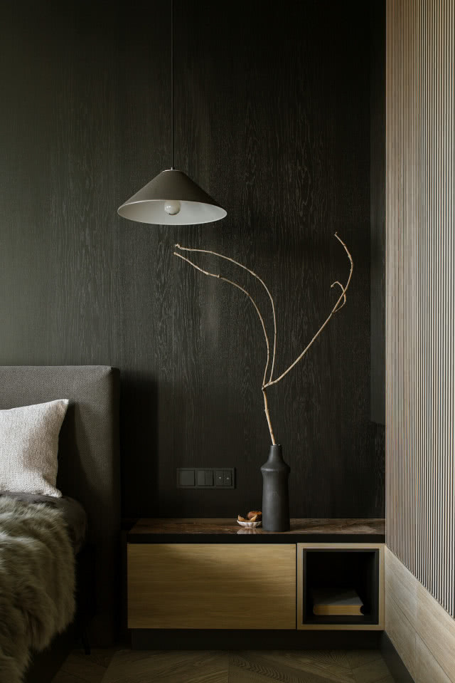 drewno mdf na ścianie w sypialni