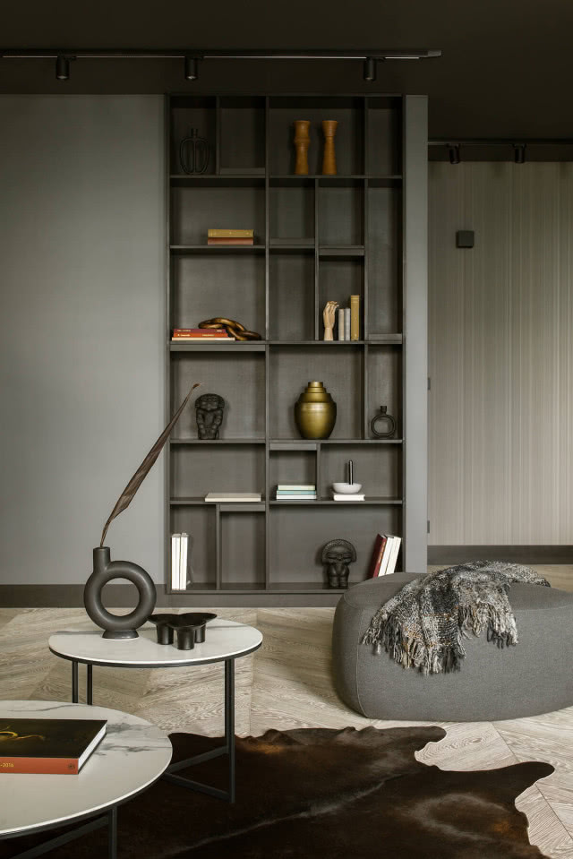 meble na wymiar biblioteka w salonie szara