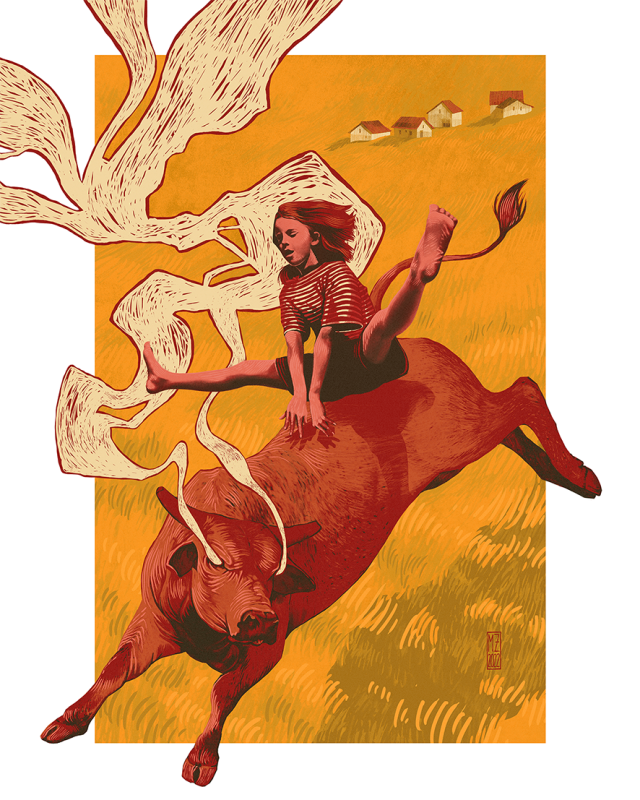 Ilustracja prosto ze snu. Dynamika gnającego na oślep czerwonego byka przełamana jest lekkością i beztroską unoszącego się nad nim dziecka. Plakat dla wszystkich leserów i tych, którzy pielęgnują swoje wewnętrzne i lekkomyślne dziecko.

Druk cyfrowy na papierze niepowlekanym z recyklingu. Papier zawiera domieszkę z kukurydzy, co skutkuje jego złamaną bielą i fantastyczną fakturą w maleńkie kropeczki.  Dostępne rozmiary: 40×50 cm oraz 50x70cm (B2). Marta Róża Żak