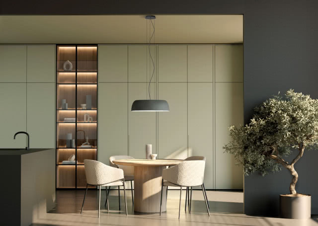 wyspa kuchenna, strefa jadalniana, okrągły stół z krzesłami, lampa wisząca nad stołem